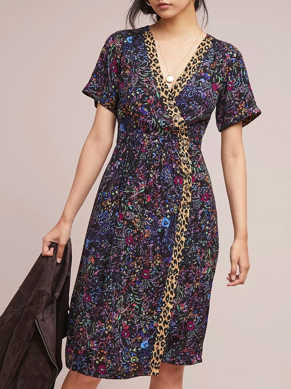 Anthropologie Maeve Morgan Dress Faux Wrap Midi Floral Animal Print Sz 12
